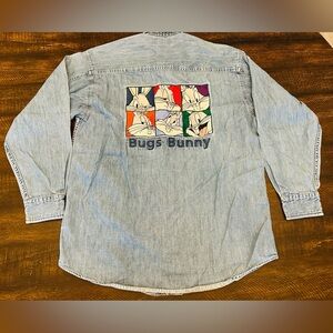 Vintage 1995 Looney Tunes Bugs Bunny Denim Button Down Shirt Size Small